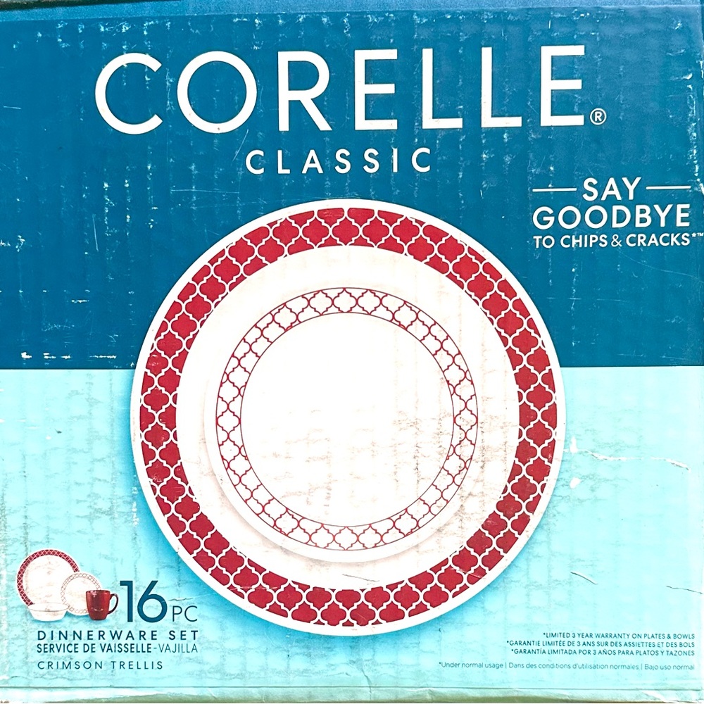 Corelle Crimson Trellis Chip and Break Resistant Dinner Set, Glass, Red, Set